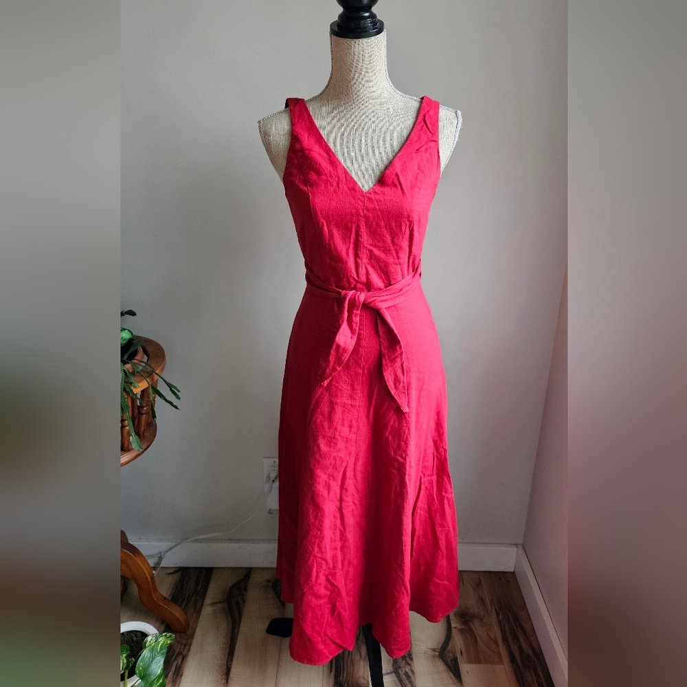 Mango Red V-Neck Midi Dress with Waist Tie - Picture 2 of 7